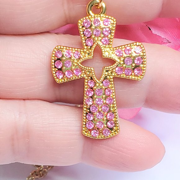Pink Pave Crystal Cross Necklace - Picture 14 of 14